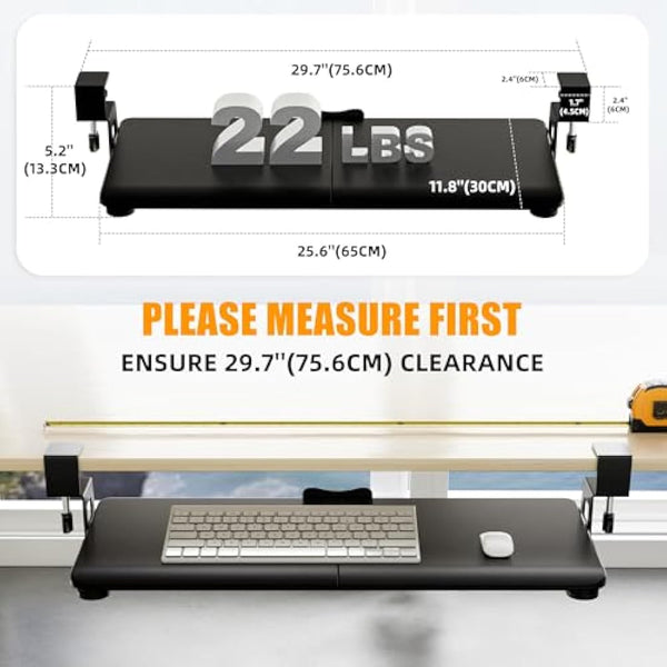 ERGOMAKER Keyboard Tray Under Desk, Pull Out Keyboard Tray with Extra Sturdy Clamp Mount System, 65x30cm (76cm Including Clamps) Computer Drawer for Typing, Perfect for Home or Office, Black.