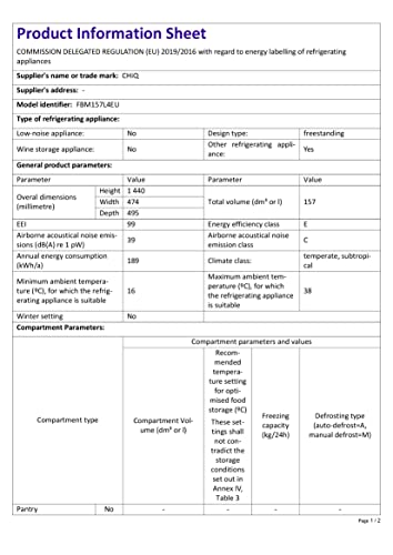 CHiQ FBM157L4EU, Fridge Freezer, 157L, 70/30, 12-Year Compressor Service, Low Frost, E, 39 dB, 48cm Wide 144cm Tall, Black