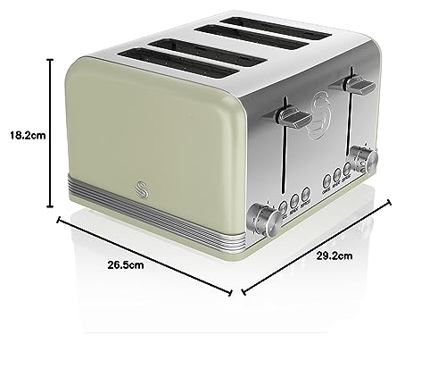 Swan ST19020GRN Retro 4-Slice Toaster with Defost/Reheat/Cancel Functions, Cord Storage, 1600W, Retro Grey