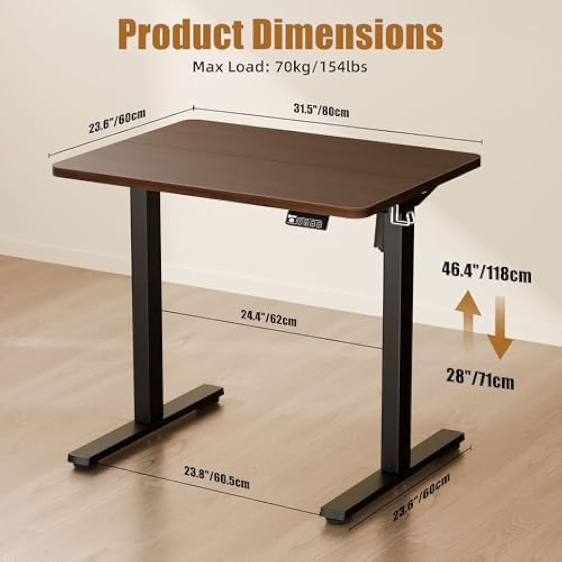 ERGOMAKER Electric Standing Desk Height Adjustable Desk 80x60cm (31.5"x23.6"), Sit Stand table with Splicing Top for Home Office (Black Frame + Black Walnut Desktop)
