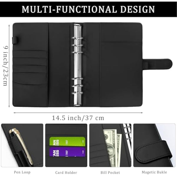 HAUTOCO PU Leather A5 Ring Binder Cover Refillable 6 Ring Budget Binder Notebook Organiser for A5 Refill Paper Insert for Office, School, and Travel, Black