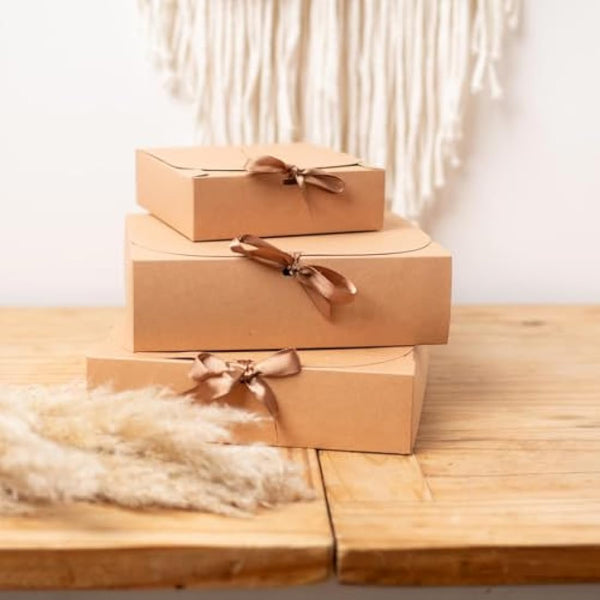 Emartbuy Pack of 12 Rectangle Shaped Presentation Gift Box, 24 cm x 19.5 cm x 7 cm, Easy Assembly, Brown Kraft Box with Bow Ribbon