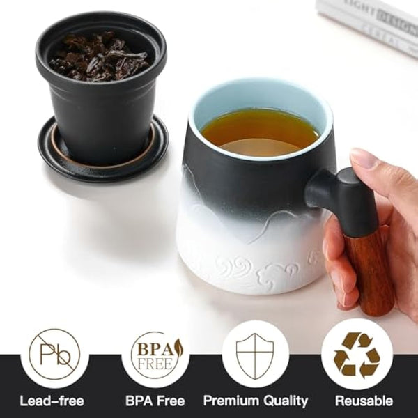ZENS Tea Mug with Infuser and Lid, 450ML Embossed Ceramic Loose Leaf Tea Cup with Fine Strainers for Diffusers, Wood Handle Tea Infuer Mug for Steeper Tea Accessories for Women Tea Lovers Gifts