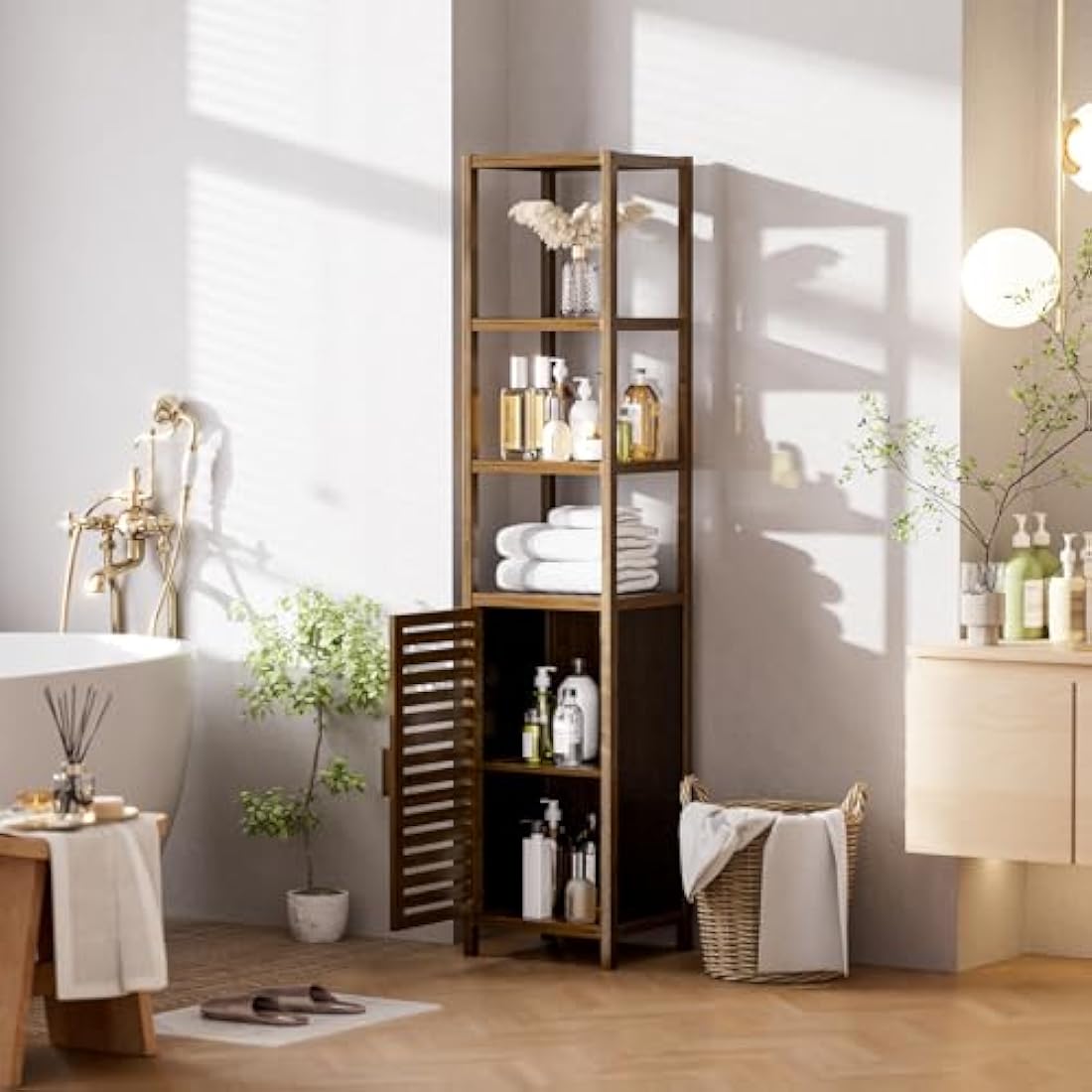 HITNET Bathroom Storage Cabinet Bamboo, Tall Narrow Space Saver Organizer Floor Standing for Kitchen, 4 Open Shelves and 1 Cupboard with Door, Walnut