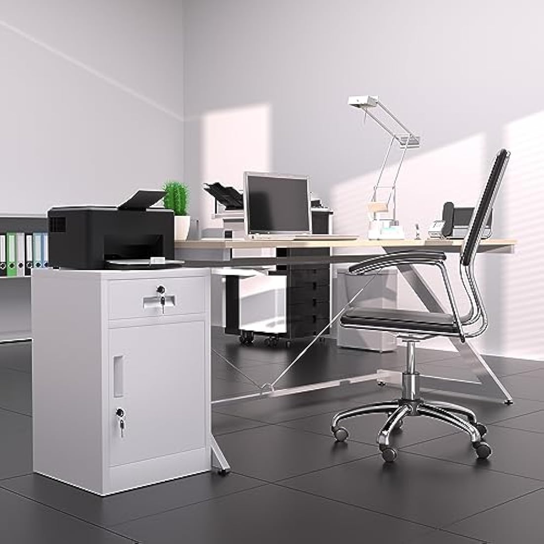 JINGUR Metal Storage Cabinet with Locking Door and Drawer, Lockable Drawer Chest with Adjustable Shelf for Home Office Bedroom Living Room (White)