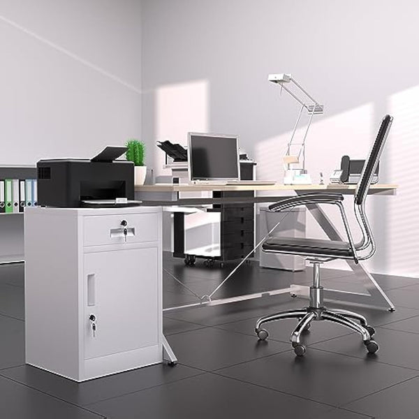 JINGUR Metal Storage Cabinet with Locking Door and Drawer, Lockable Drawer Chest with Adjustable Shelf for Home Office Bedroom Living Room (White)