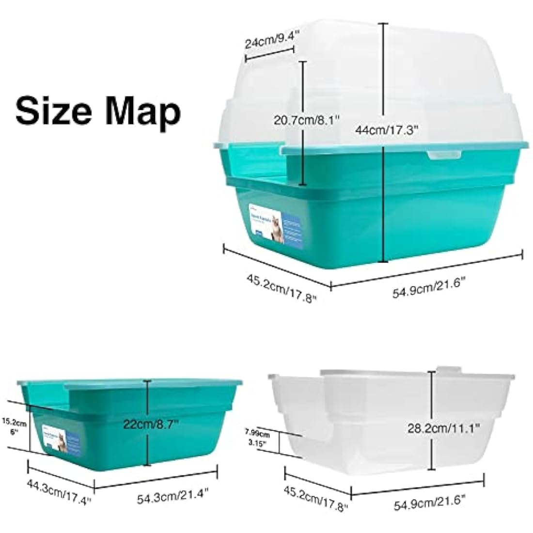 Petfamily 3in1 Large Cat Litter Tray Box with Hood Lid - Teal Plastic Tray, Sturdy & Easy to Clean, 55x45x44cm