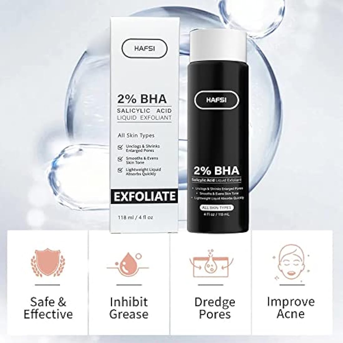 HAFSI 2 Percent BHA Skin Perfecting Salicylic Acid Liquid Exfoliant Serum Face Exfoliating Peel Fights Blackheads Enlarged Pores with For Combination and Oily 118 ml / 4 fl oz, Transparent