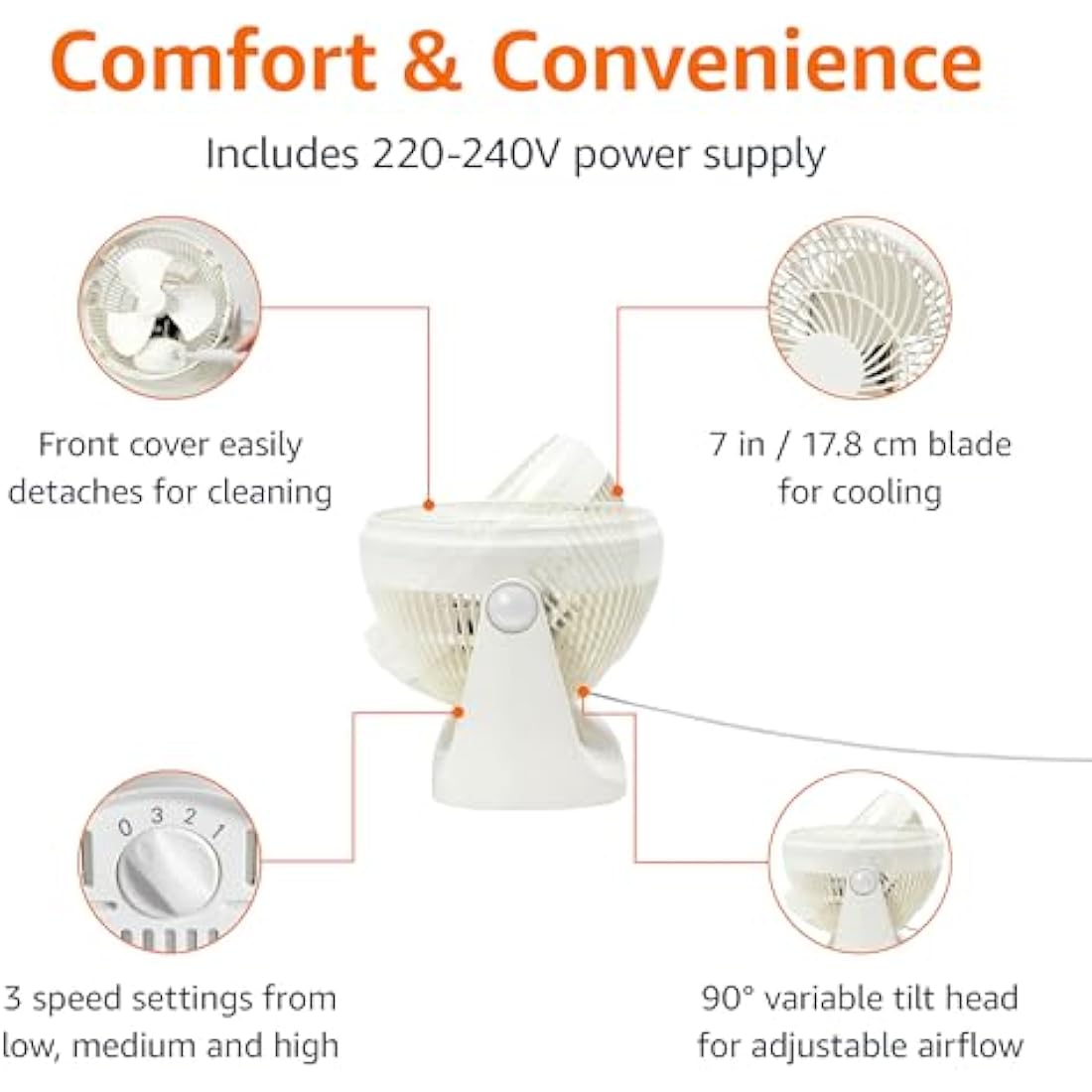 Amazon Basics Portable Desk Fan, 7 Inch Quiet Operation Cooling, 3 Speed Settings, 90° Variable Tilt, 15.49 x 27.3 x 27.69 cm, White