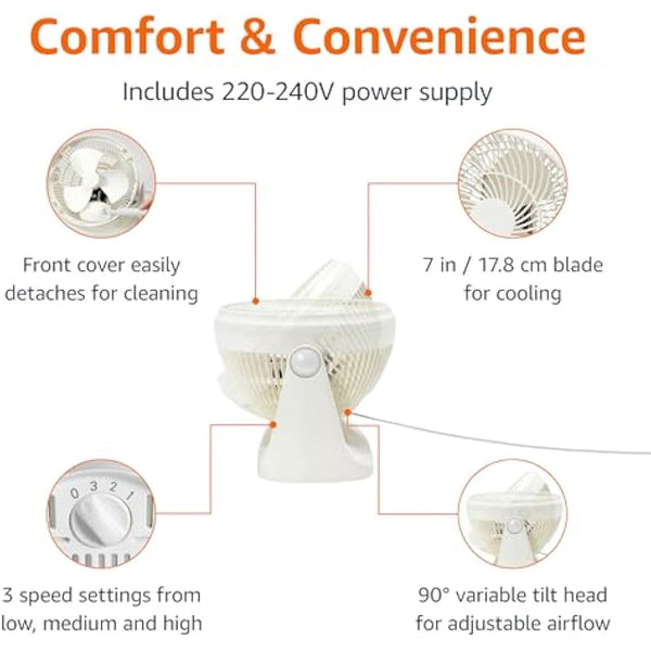 Amazon Basics Portable Desk Fan, 7 Inch Quiet Operation Cooling, 3 Speed Settings, 90° Variable Tilt, 15.49 x 27.3 x 27.69 cm, White
