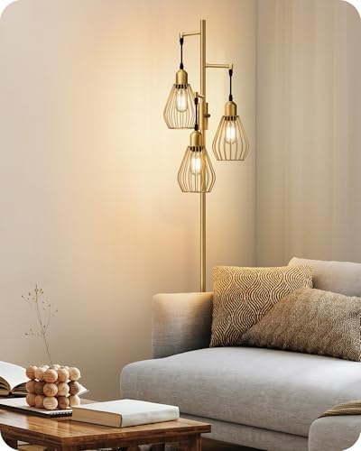EDISHINE Industrial Floor Lamp, Dimmable Standing Lamp with Wire Cage Lampshade, Floor Lamps for Living Room, Bedroom, E27 Sockets, 3 LED Bulbs Included, Gold Metal