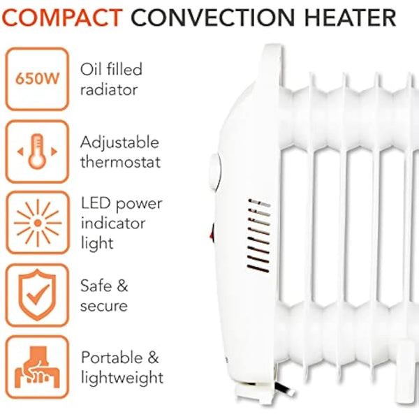 Warmlite WL43002YW 5 Fin Oil Filled Radiator with Adjustable Thermostat and Overheat Protection, 650W, White