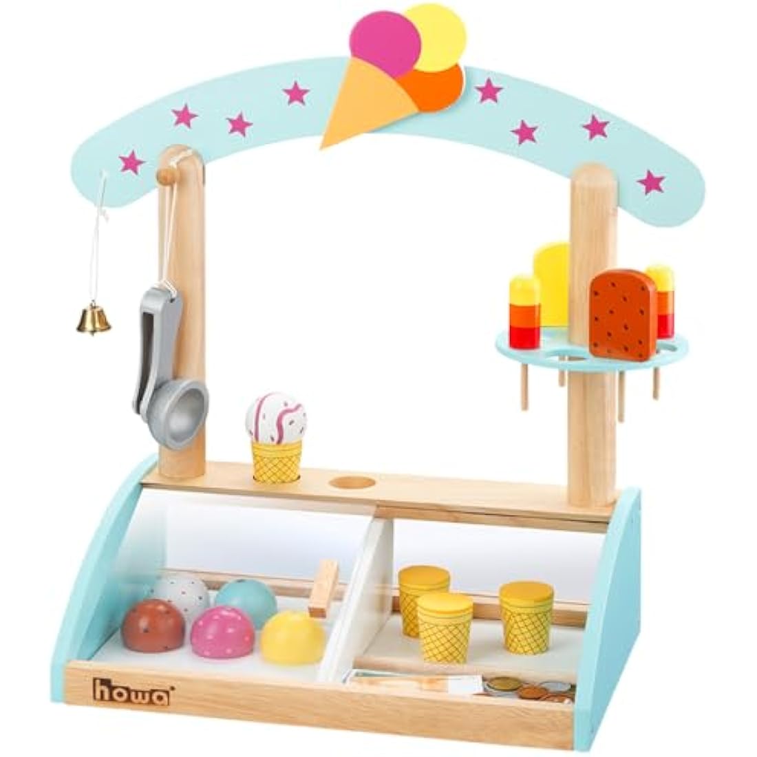 howa children's wooden ice cream parlour, children's shop, ice cream stand, ice cream toy, ice cream scoops, ice cream cones, ice cream scoop, play money 4861