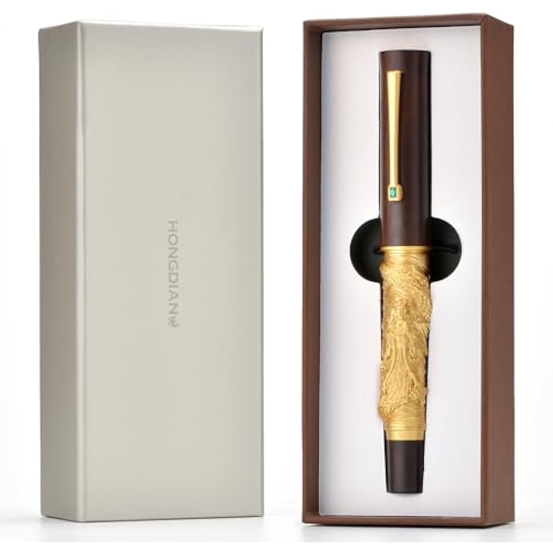 Hongdian N24 Fountain Pen Fine Nib, Golden Dragon Stereoscopic Carving with Red Wood Design