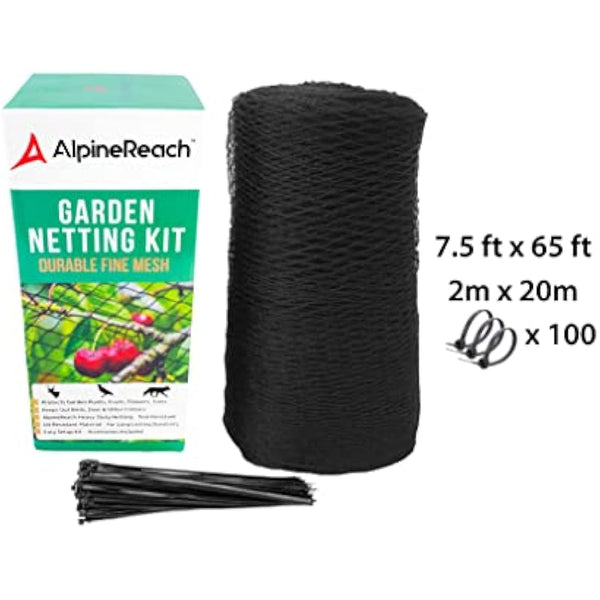 AlpineReach Garden Netting 2m x 20m Extra Strong Woven Mesh Bird Netting Heavy Duty Kit - Protect Plants & Fruit Trees Against Animals & Deer Fencing Protection - Reusable with Cable Ties, Black