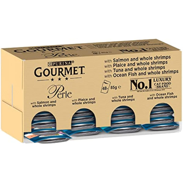 Gourmet Perle Adult Wet Cat Food Ocean Delicacies in Gravy with Salmon, Tuna, Plaice, Whitefish 4 x 12 x 85g Packs
