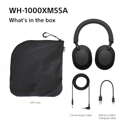 Sony WH-1000XM5 Hard Case Premium Noise Cancelling Wireless Over-Ear Headphones, Bluetooth, Clear Call Quality, Hi-Res Audio, Up to 30hr Battery Life, Includes Hard Case, iOS & Android - Black