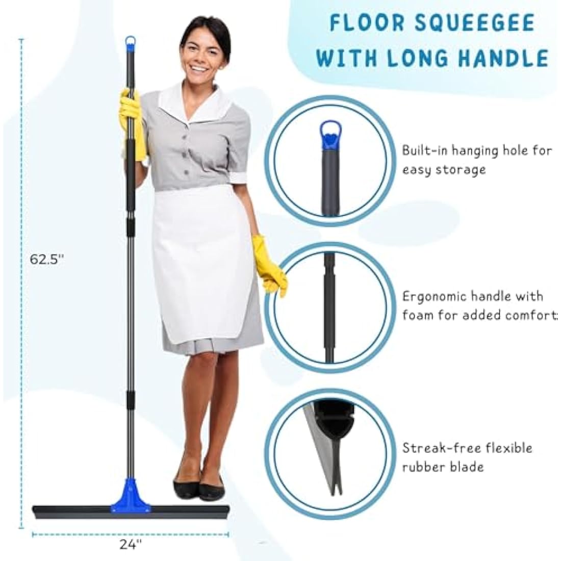 Floor Squeegee for Concrete and Tile Cleaning, 60 cm Rubber Squeegee Broom, Large Heavy Duty Outdoor squeegee patio 160 cm Long Handle, Cleaning Garage, Deck, Bathroom, Shower Glass, Window,Marble