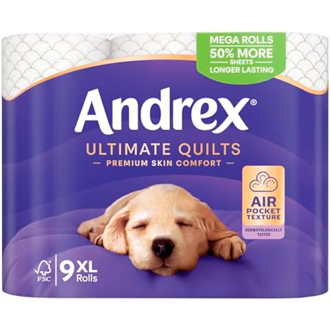 Andrex Ultimate Quilts 9 Mega Toilet Rolls = 13.5 Standard Toilet Rolls, 50% Longer Lasting Paper, Air Pocket Technology for Soft, Thick Sheets, FSC Certified