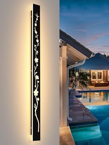 Led Long Wall Light Black 115cm Outdoor Wall Light 36W IP67 Waterproof Villa Wall Lamp 3000K Peach Blossom Design Long Wall Lights Outdoor Walls Gardens Porch Stairs Terraces Lighting
