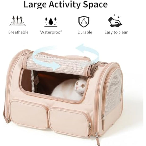 FUKUMARU Cat Carrier, 4 Mesh Windows Small Dog Carrier, 4 Storage Pockets Cat Travel Bag, Under 6.8 Kg Airline Approved Pet Carrier, Rollable Cover for Nervous Cats, Pink