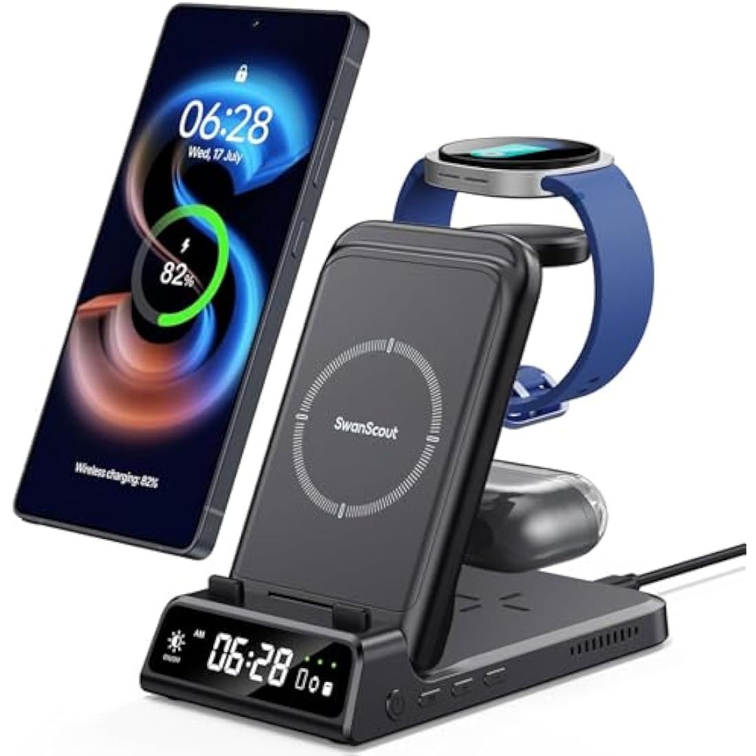 Charging Station for Samsung S25/Watch 8/8 Classic, 3 in 1 Wireless Charger for Samsung S25 Ultra/S25+/S24/S23/Fold 7, Galaxy Watch Ultra 2025/7/6/5/4/3, Galaxy Buds, SwanScout 703S (No Adapter)