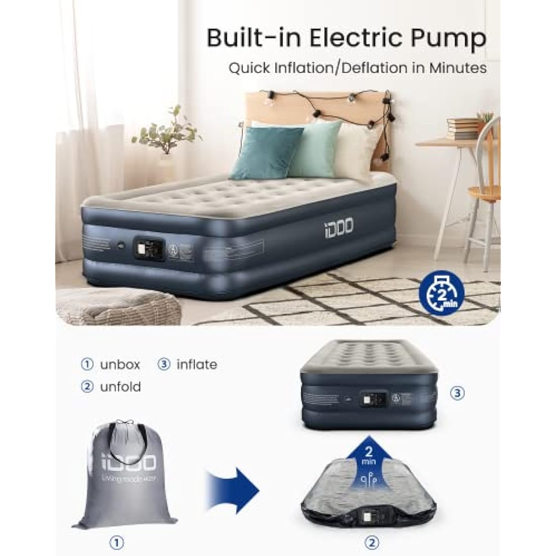 iDOO Single Air Bed, Inflatable Mattress with Built-in Pump, 3 Mins Quick Self-Inflation/Deflation Blow Up Air Mattress, Comfortable Top Surface for Home Portable Camping Travel 188x99x38cm 249kg MAX