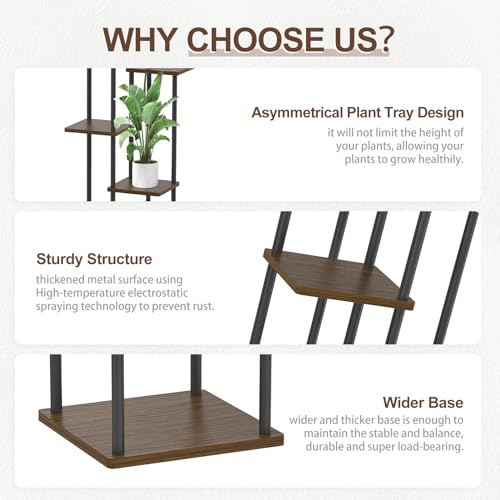 LyTaispuly 6 Tier Oak Wood & Metal Plant Stand, 115cm Tall, Indoor/Outdoor, 55kg Load Capacity, Easy Assembly, Corner Design