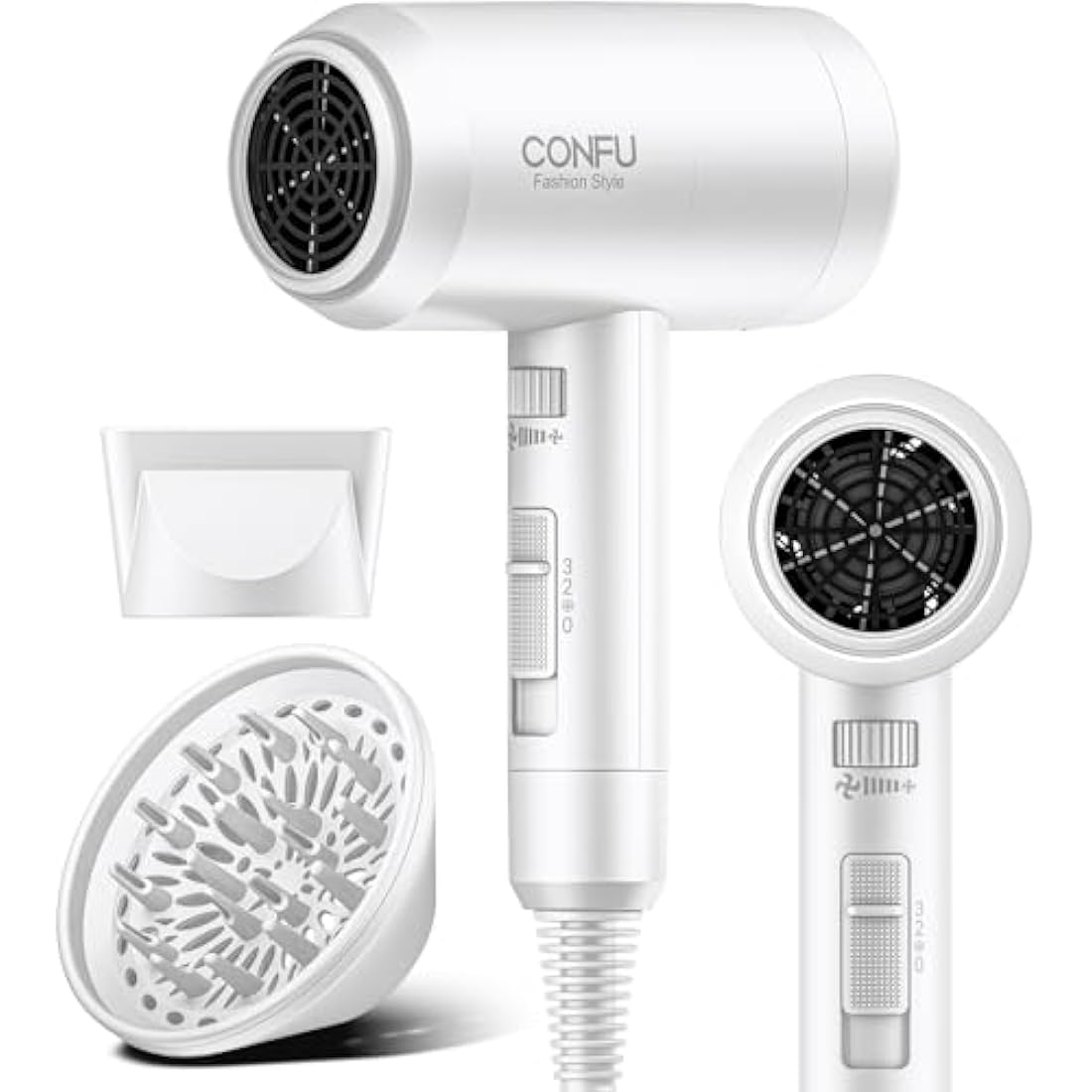 CONFU 1800W Hair Dryer, Ionic Hair Blow Dryer, Lightweight Hair Dryers with Cool Shot Button & Diffuser & Concentrator for Travel Salon Home Use (White)