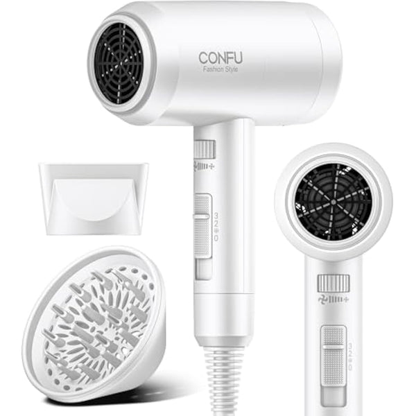CONFU 1800W Hair Dryer, Ionic Hair Blow Dryer, Lightweight Hair Dryers with Cool Shot Button & Diffuser & Concentrator for Travel Salon Home Use (White)