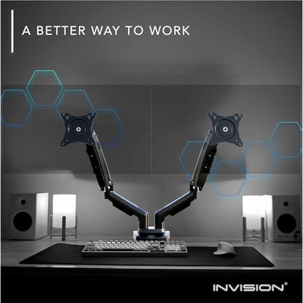Invision Dual Monitor Arm Desk Mount for 19 to 32 Inch Screens - VESA 75 & 100mm Desk Clamp Stand - Tool Free Height Adjustment with Tilt Swivel Rotate - Increased Load Capacity from 2-9kg (MX400)