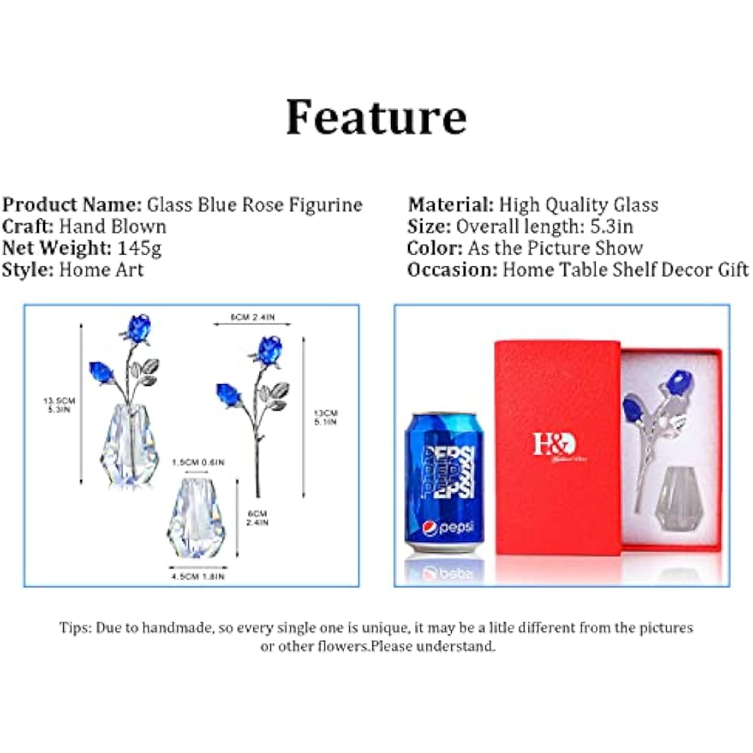 H&D HYALINE & DORA Two Crystal Blue Roses,Crystal Rose Figurine with Silver Pole,Forever Crystal Rose Paperweight Romantic Gift for Her/Wife/Mom/Women