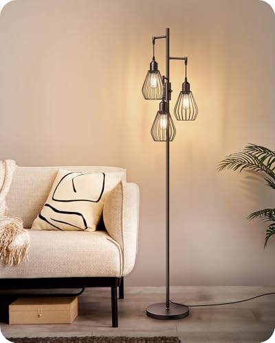 EDISHINE Industrial Floor Lamp, Dimmable Standing Lamp with Wire Cage Lampshade, Floor Lamps for Living Room, Bedroom, E27 Sockets, 3 LED Bulbs Included, Brown Metal