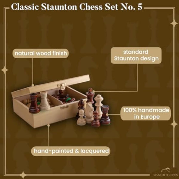 Classic STAUNTON Chess Set NO.5 in Natural Wood Box | Master of Chess Wooden Chess Set | Wooden Chess Pieces Only - Handmade Tournament Chess Set Without Chess Table