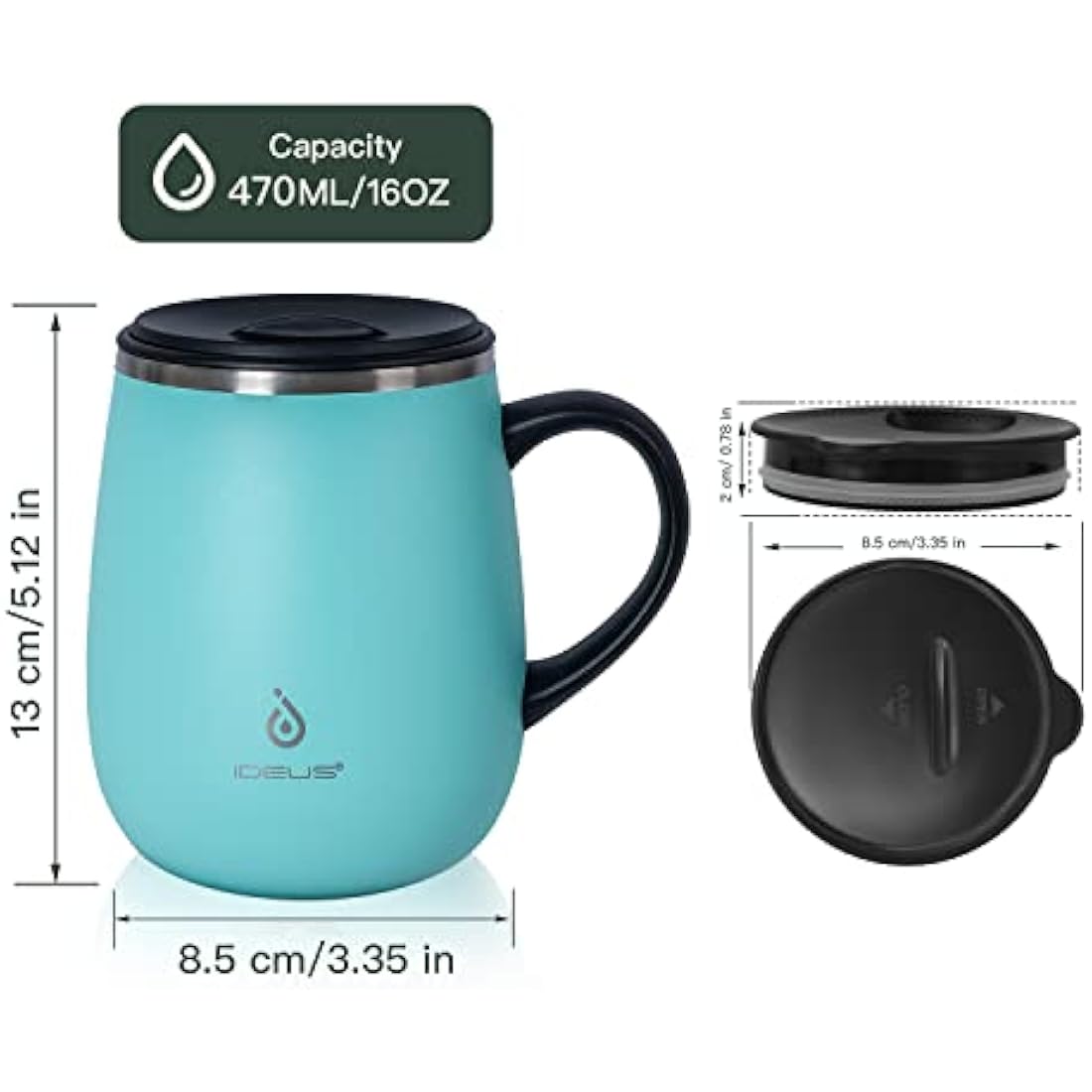 Ideus Coffee Mug 470ml (16oz), Double Wall Vacuum Insulated Stainless Steel Coffee & Tea Cup w/Non-Slip Handle & Slider Module Lid & Large Volume (Light Blue)