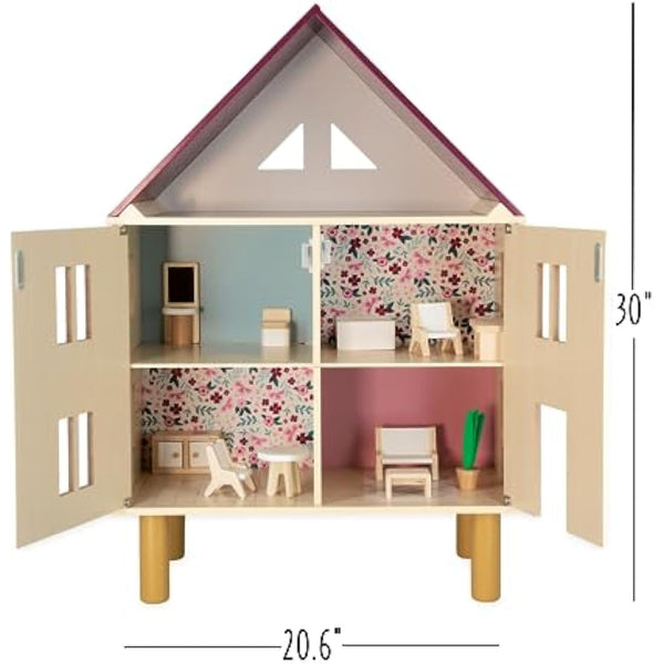 Janod - Twist Wooden Dollhouse - 11 Wood Accessories - Doll Furniture - Magnetic Doors - FSC Wooden Toy - 3 Years +, J06617