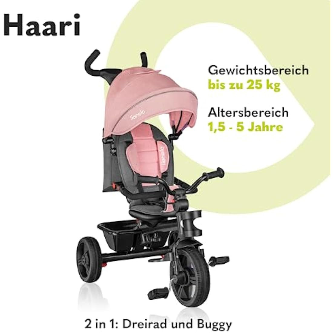 LIONELO Haari 2in1 Kids Tricycle Stroller for toddlers 1-5 Years Up to 25kg Parent steering control Swivel seat Three wheeler Bike Harness Canopy Basket Cup Holder Robust frame Durable wheels