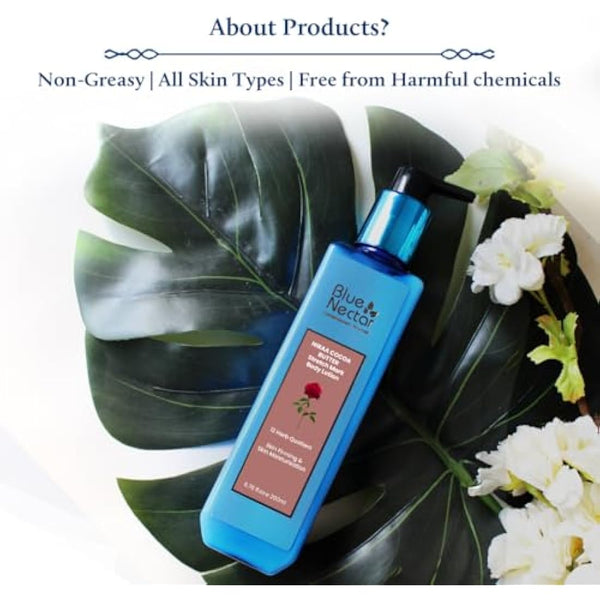 Blue Nectar Stretch Mark & Scar Body Lotion Cream with Cocoa Butter, Shea Butter & Uplifting Rose (12 Herbs, 200 ml)