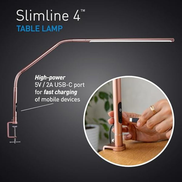 Daylight Slimline 4™ LED Table Lamp in Rose Gold - 6,000K, 3,200 Lux, 4 Brightness Levels, USB-C Charging Port, Anti-Glare Diffuser, Flexible Design, Art & Craft, Sewing, Nail Salon