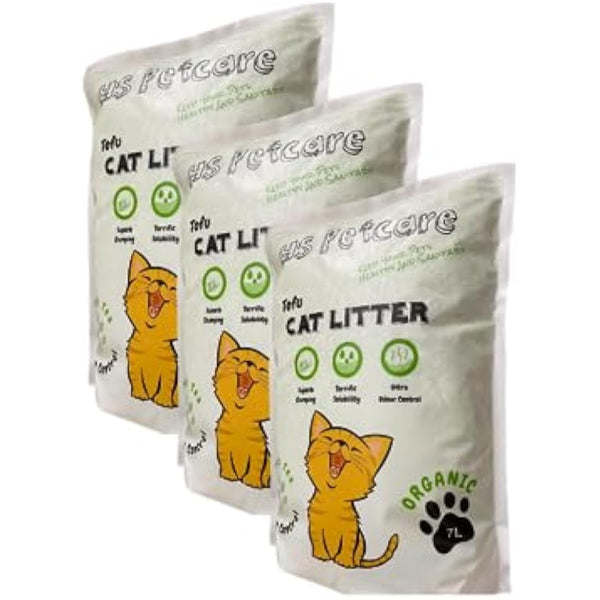 HS Petcare Organic Tofu Cat Litter Original Scent, Ultra clumping, Great odour control, Flushable reduce waste, Long lasting Dust free (Pack of 3 (21L), Green Tea/Matcha)