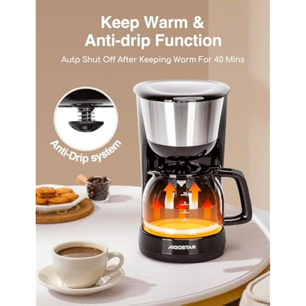 Aigostar Filter Coffee Machine Drip Coffee Maker, 40Mins Keep Warm, Anti-Drip Function, Fast Brewing Coffee Maker with Reusable Filter, Pour Over Technology, 1000W, 1.25L - Chocolate 30KYJ