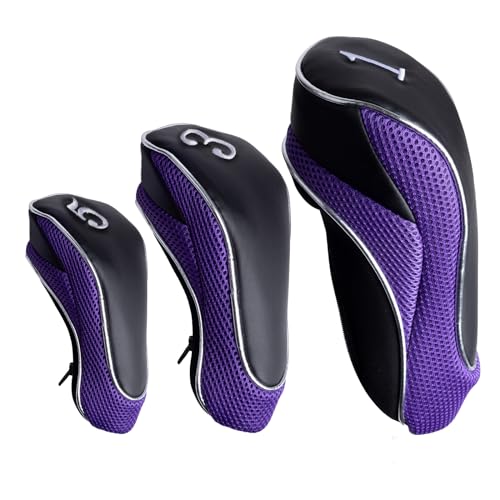 Andux Golf 460cc Driver Fairway Wood Club Head Covers with Zipper Closure Set of 3 Purple