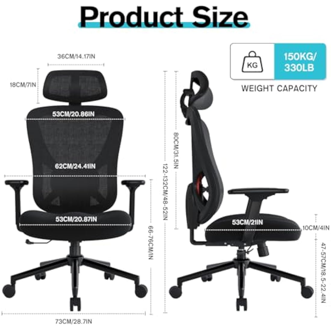 Eucladoceros Ergonomic Office Chair with Adjustable Armrests & Headrest - Lift Up Backrest Desk Chair with 3D Lumbar Support - Tilt 90°-125° - 150KG Weight Capacity - Ideal for Home Office(Black)