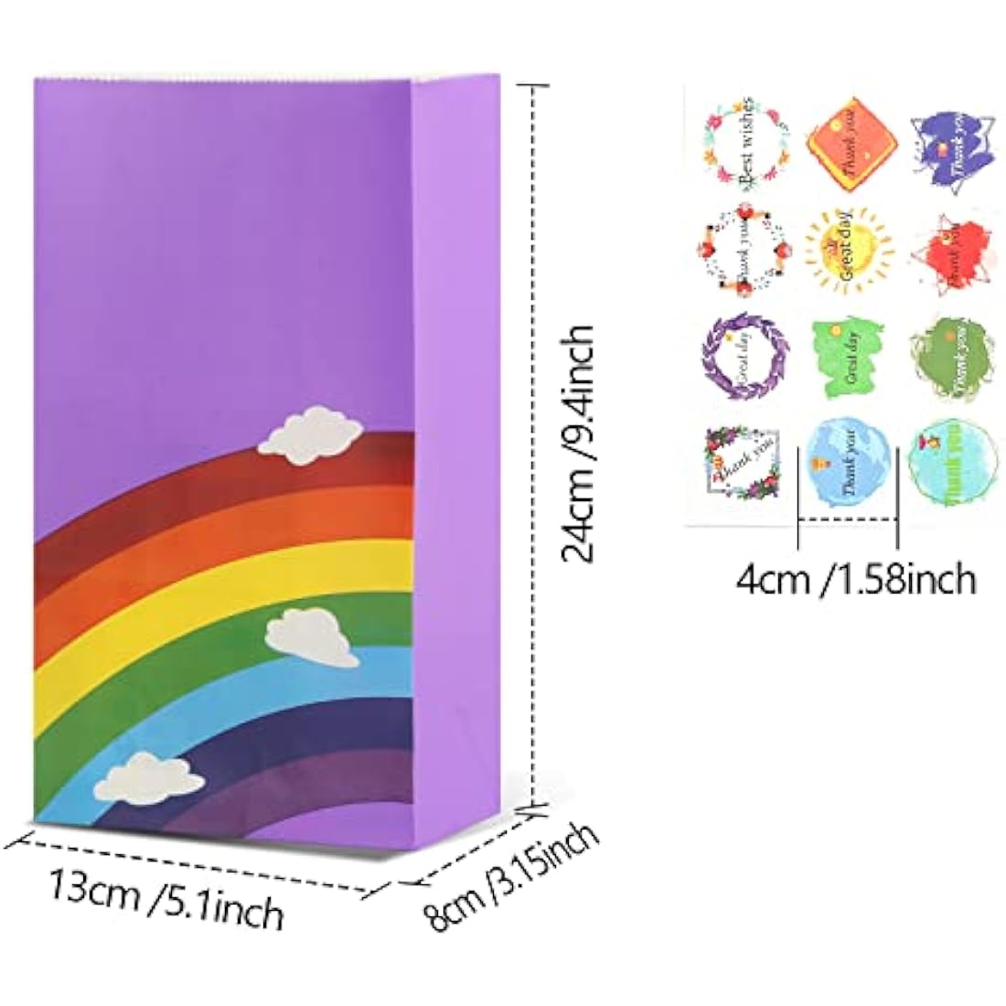 40 PCS Paper Party Bags for Kids, TOOELMON Rainbow Paper Gift Bags Candy Goodie Treat Bags with Stickers for Birthday, Picnic, Wedding Parties (130 * 80 * 240mm,Rainbow-40pcs)