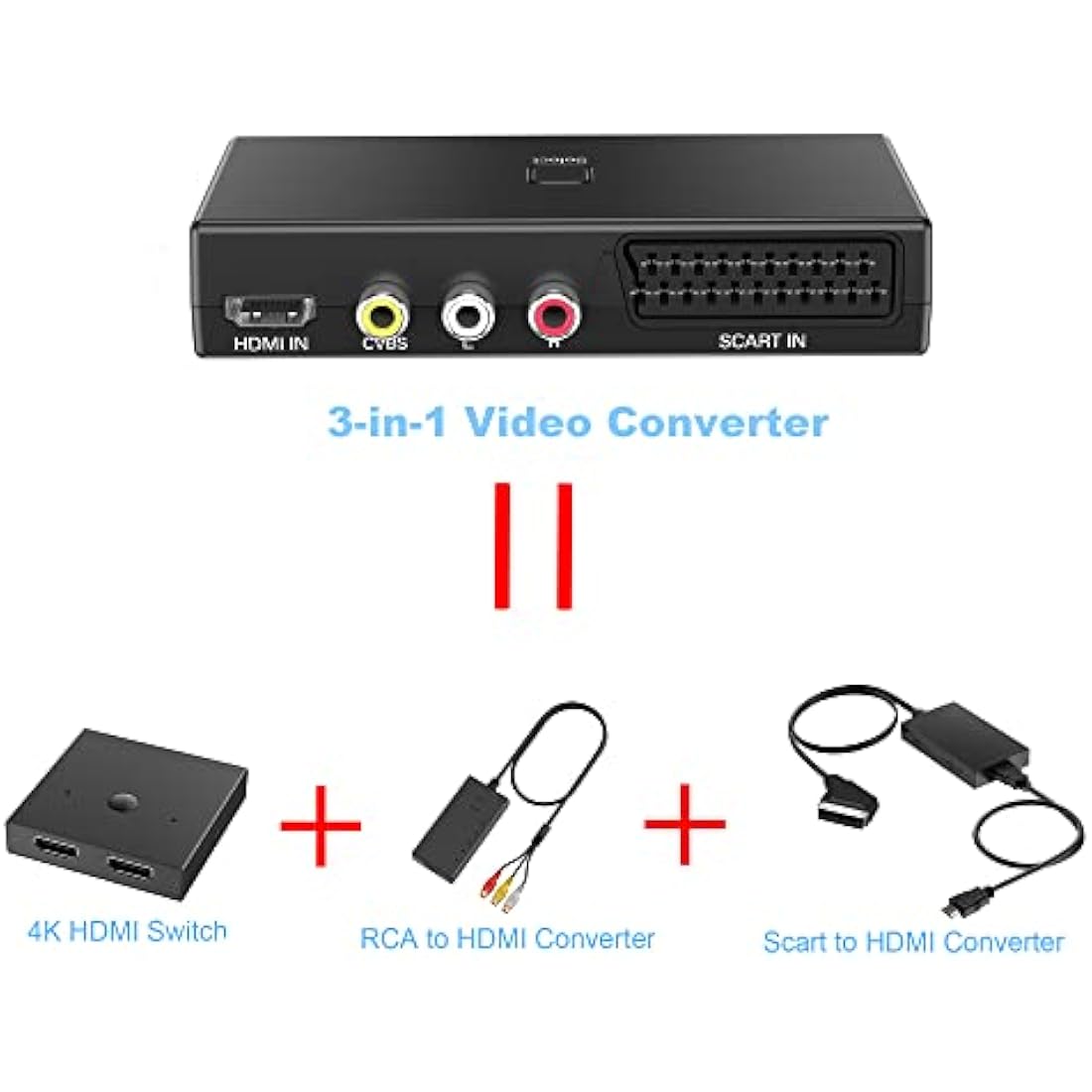 AIFHDAUF Scart to HDMI Converter,RCA to HDMI Converter, HDMI Switch 3 in 1 Video Audio Adapter with HDMI Cable Support HDTV PS5/4/3 DVD N64 Wii blu-player, Sky STB VHS VCR Game Consoles PC
