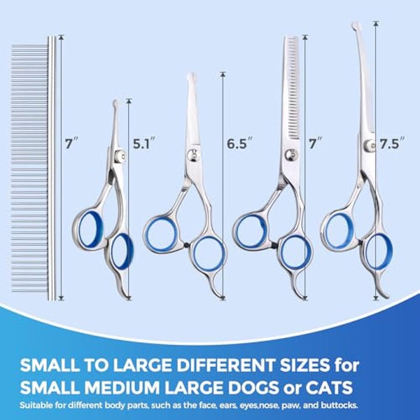 EVERESTA Dog Grooming Scissors with Safety Round Tips, Heavy Duty Titanium Pet Grooming Trimmer Kit, Professional Thinning Shears, Straight Scissors with Comb for Dogs and Cats (Set of 5)