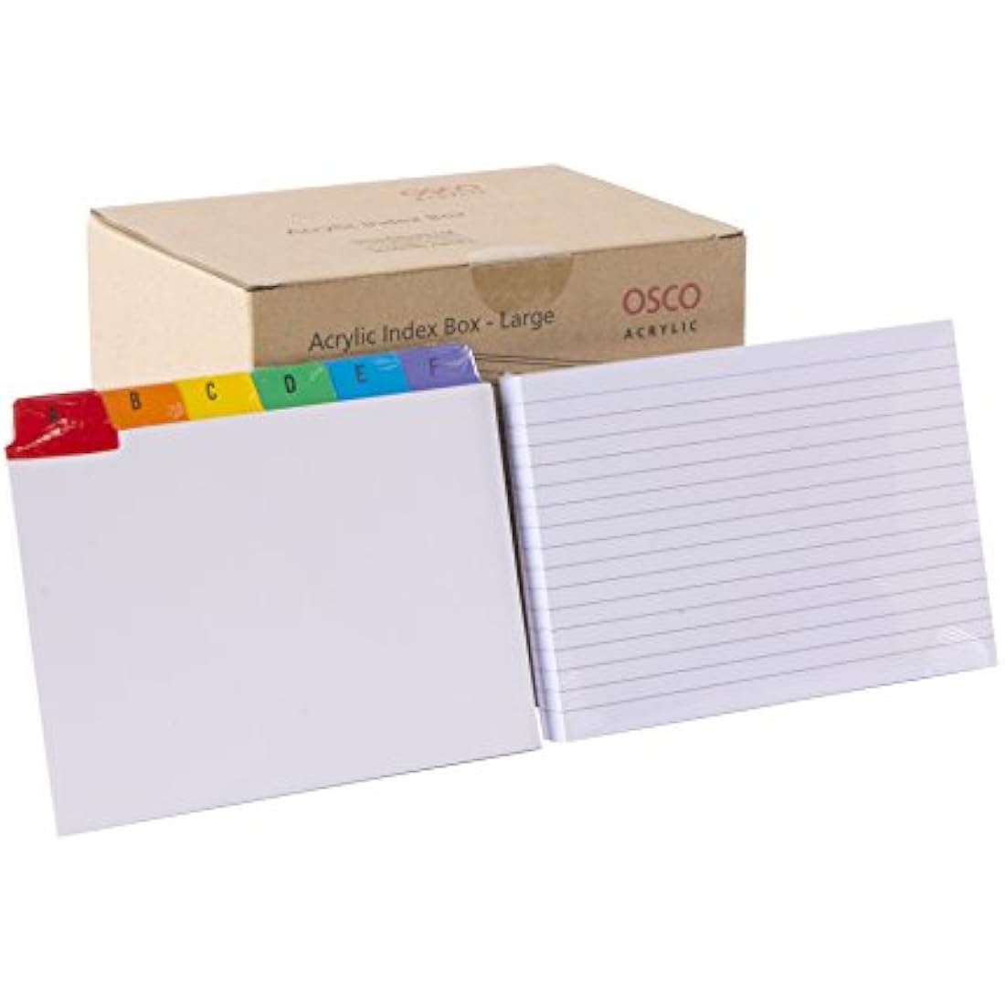 OSCO Clear Acrylic Index Box | Large | A to Z Divider Tabs | 100 Lined Note Sheets Included (7" X 5") | Ruled Revision Flash Cards | Recipe Notes | Office Contact Filing | Fits 177 x 127 mm Docs
