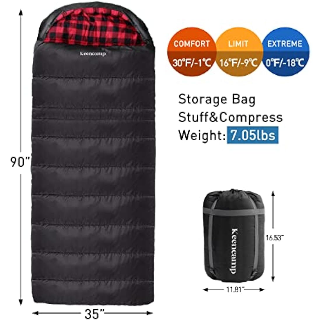 Keencamp Sleeping Bag Outdoor Flannel Warm 3-4 Seasons Cotton Inner Lining XXL Blanket Sleeping Bag Portable Lightweight Winter Sleeping Bags Camping for Adults 230 x 90 cm Black