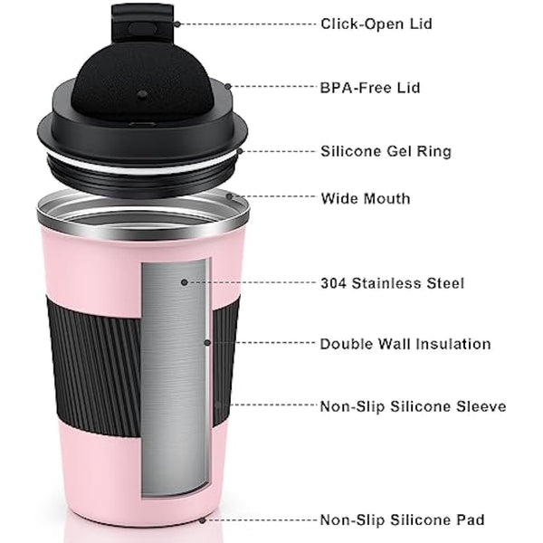 CS COSDDI Travel Mugs, Insulated Coffee Cup with Leakproof Lid - Reusable Coffee Cups Travel - Car Coffee Cup - Stainless Steel Coffee Mug for Hot and Cold Water and Tea, 380ml