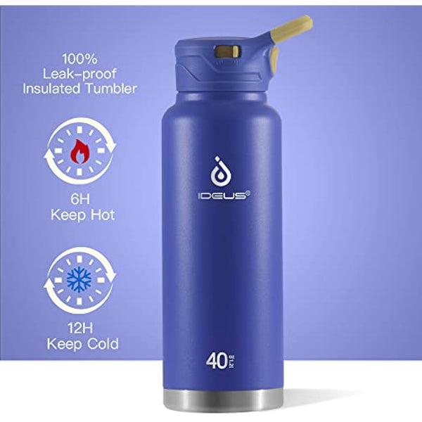 IDEUS Vacuum Insulated Water Bottle, Stainless Steel Double Wall Flask Metal Sports Canteen with Leak-Proof Screw Cap (Purple, 40oz (1140ml))